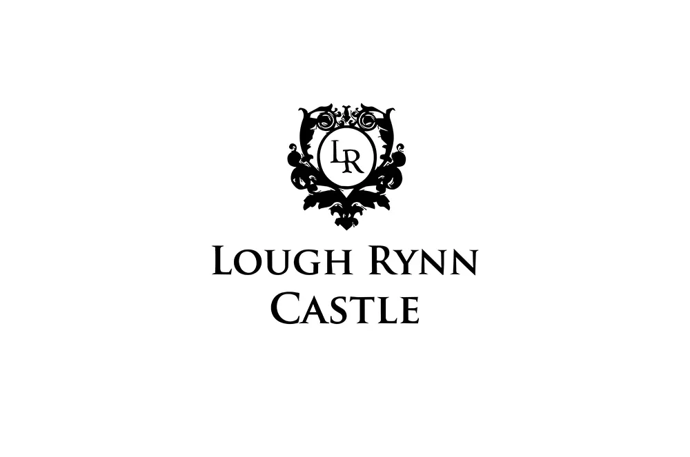 Black and white logo for Lough Rynn Castle of a shield housing a ‘LR’ emblem and its name beneath.