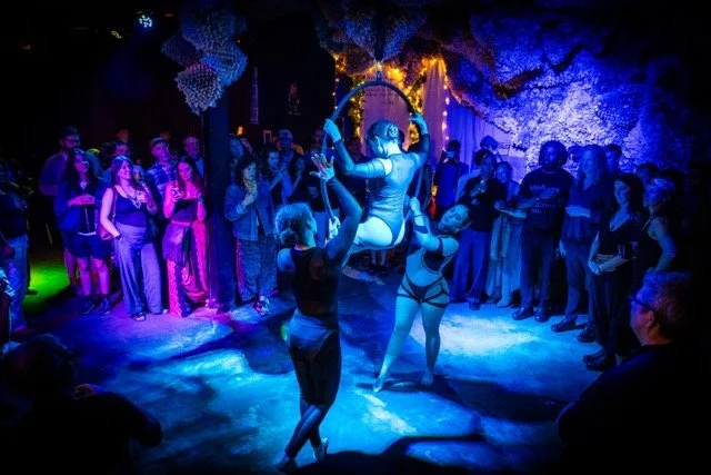 Circus performers in tights and costumes entertain a crowd in a dimly lit venue with colorful lighting and web-like decorations.