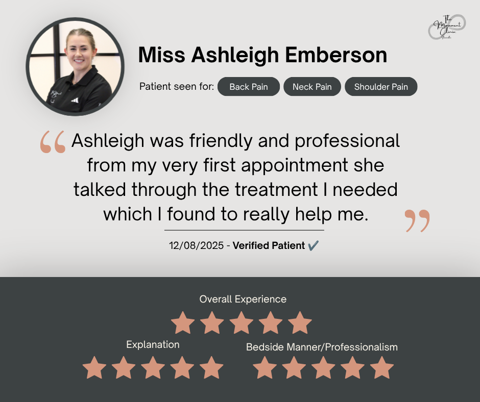Testimonial card for Miss Ashleigh Emberson, a healthcare provider, featuring her photo, name, and services for back, neck, and shoulder pain. Includes a patient quote praising her friendliness and professionalism, with a date, verified patient status, and five-star ratings for overall experience, explanation, and bedside manner.