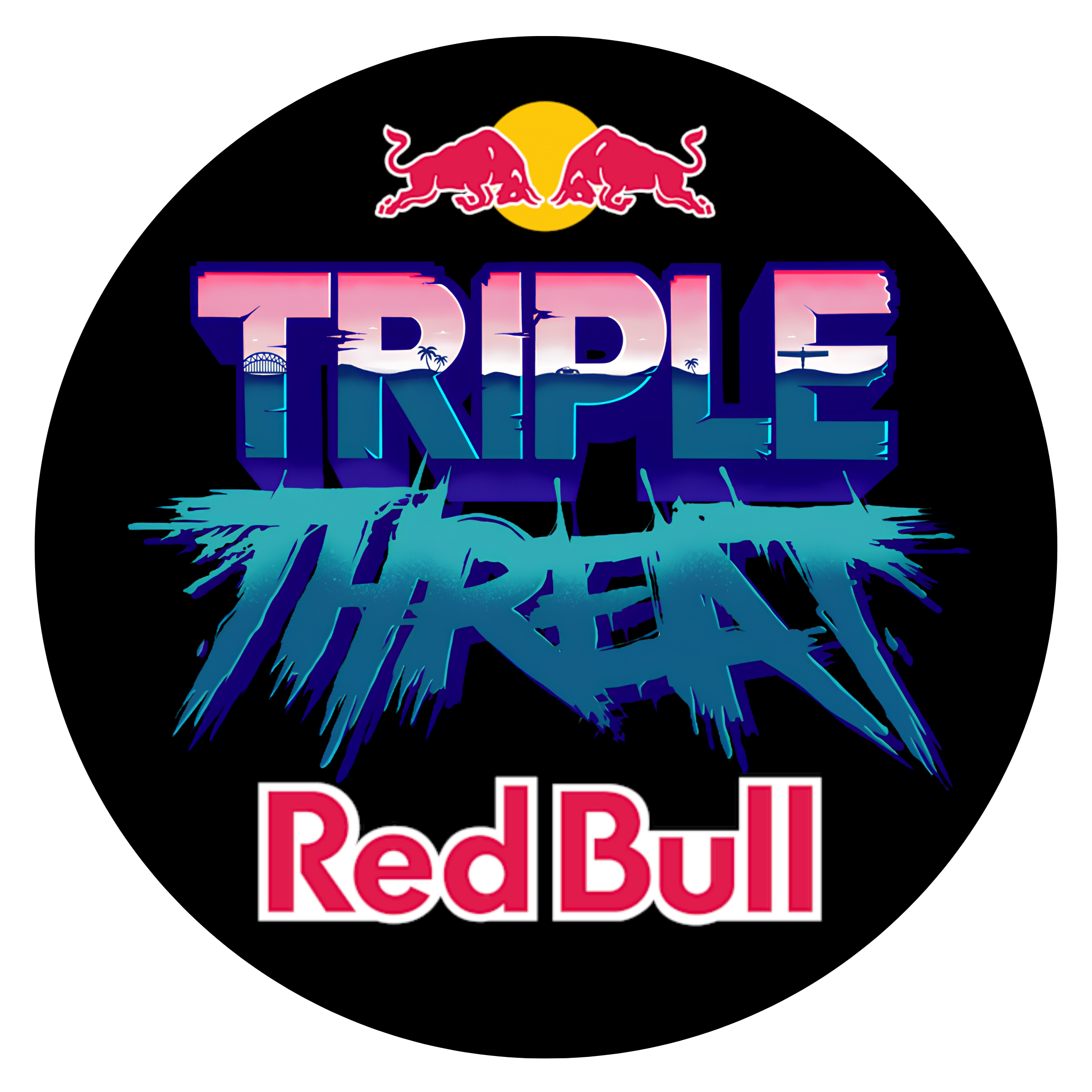 Red Bull logo with a black background, featuring two red bulls charging towards each other above a yellow circle, and the text 'Red Bull' in pink below.