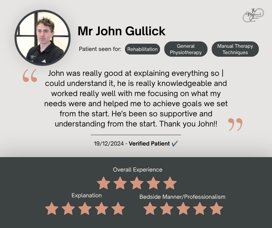 Testimonial card for Mr. John Gullick, a patient seen for rehabilitation, general physiotherapy, and manual therapy techniques. Features a portrait of Mr. Gullick, a quote praising his knowledge and support, a verified patient badge dated 19/12/2024, and ratings for overall experience, explanation, bedside manner, and professionalism, all rated five stars.