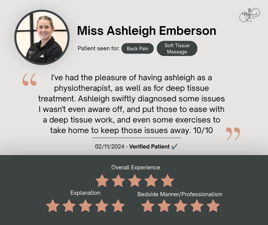 Testimonial card for Miss Ashleigh Emberson, a physiotherapist, with a photo of her smiling, used for back pain and soft tissue massage treatments, featuring patient feedback and ratings.