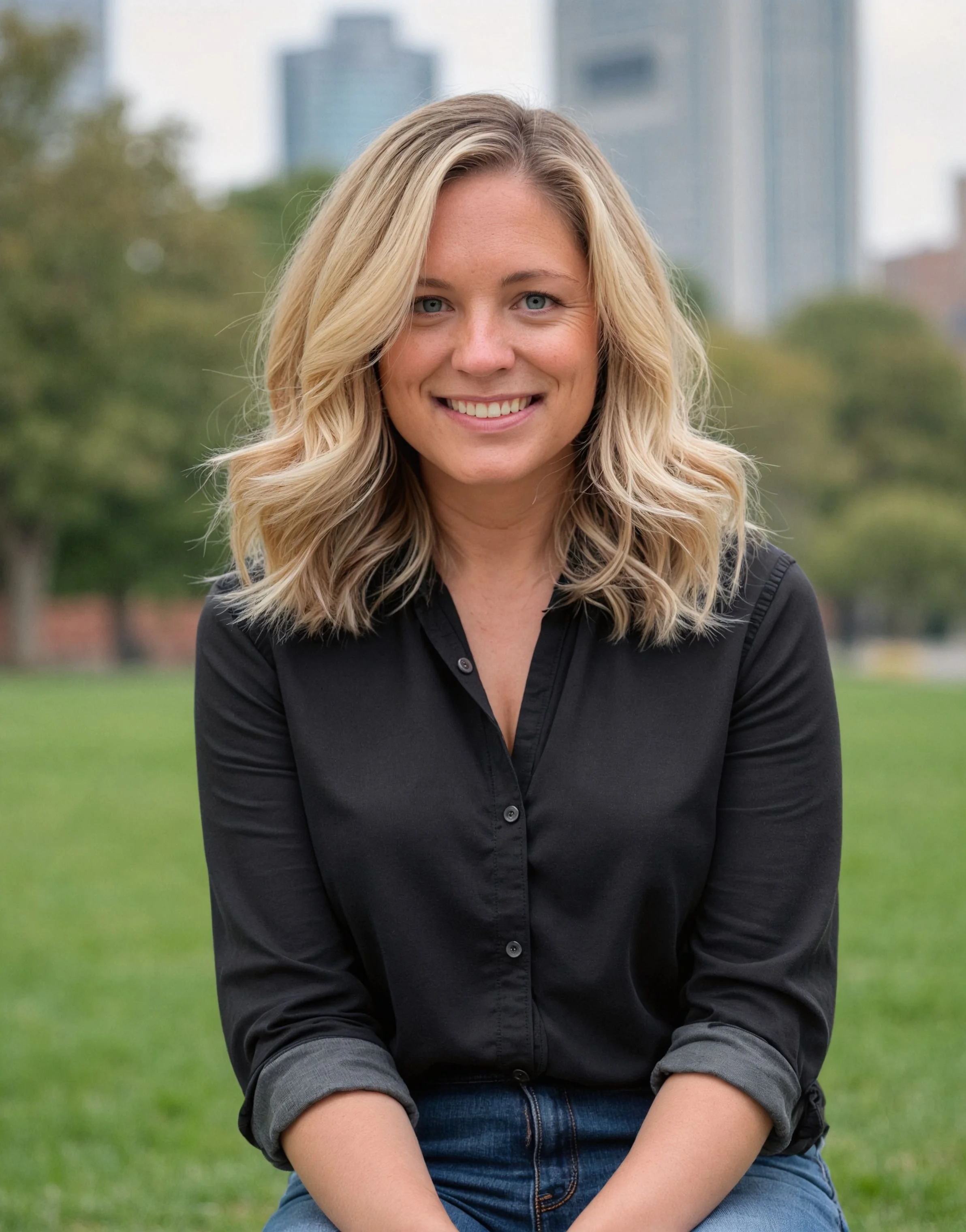 A young woman with blonde wavy hair and blue eyes smiling outdoors, wearing a black shirt and blue jeans, with a blurred cityscape and greenery in the background.