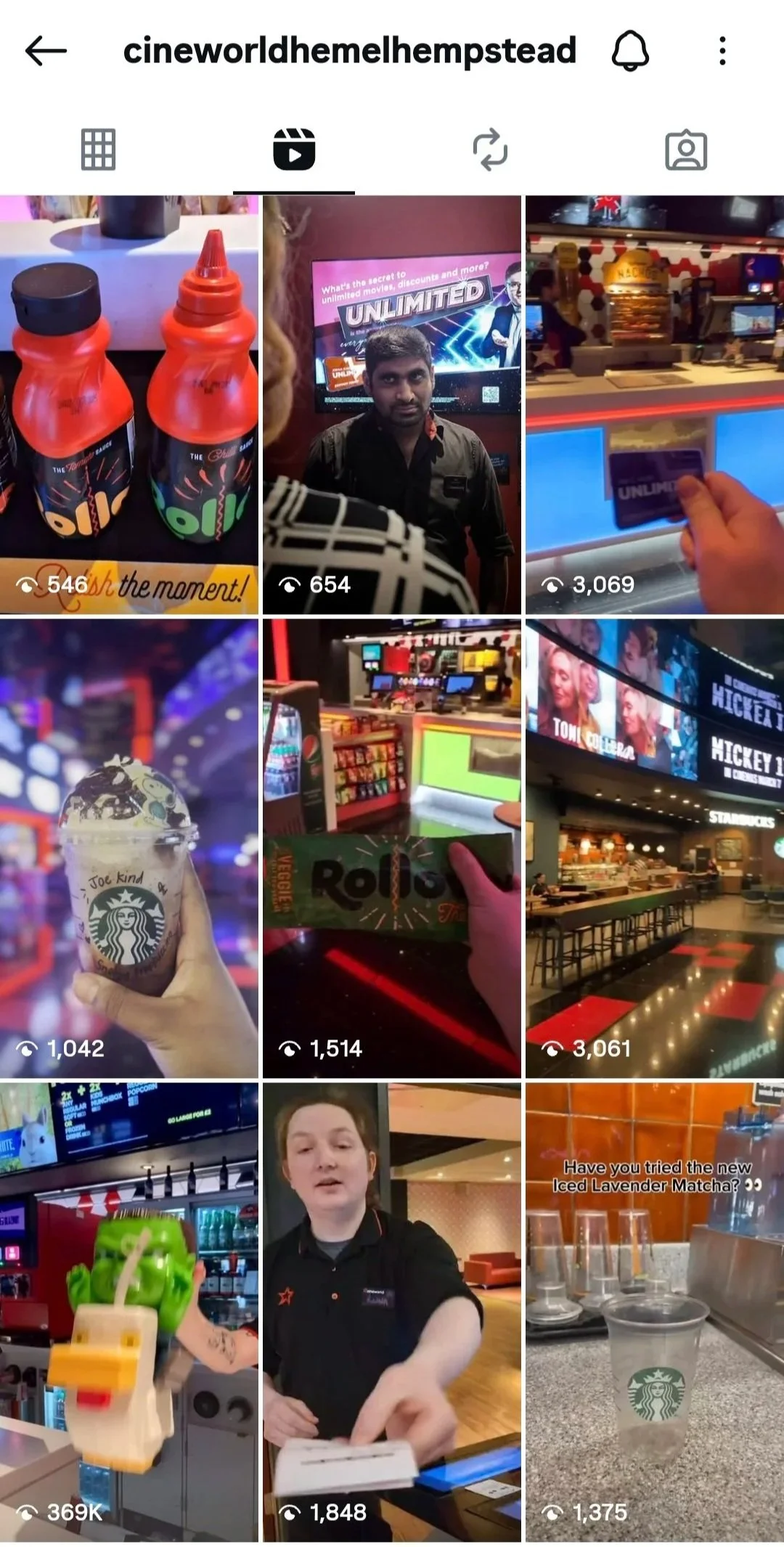 Consistent views on cineworld instagram with one video amounting to 320k views