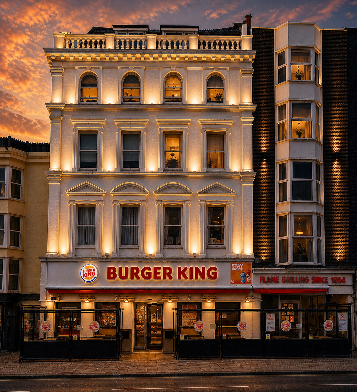 The 1815 Building façade illuminated at sunset