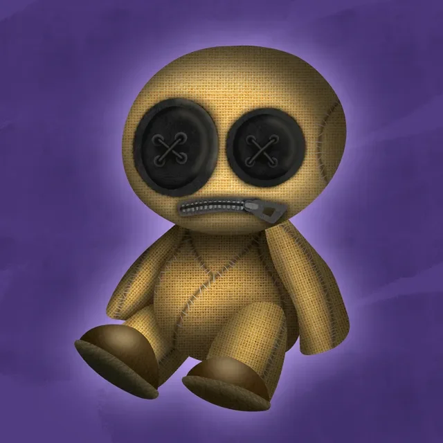 A plush doll resembling a teddy bear with buttons for eyes and a wrench in its mouth, sitting against a purple background.