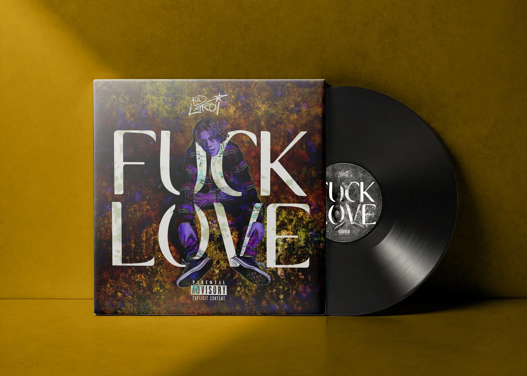 A vinyl record and its album cover on a yellow background. The album cover features a stylized image of a person sitting with legs apart, with large text reading 'FUCK LOVE'.