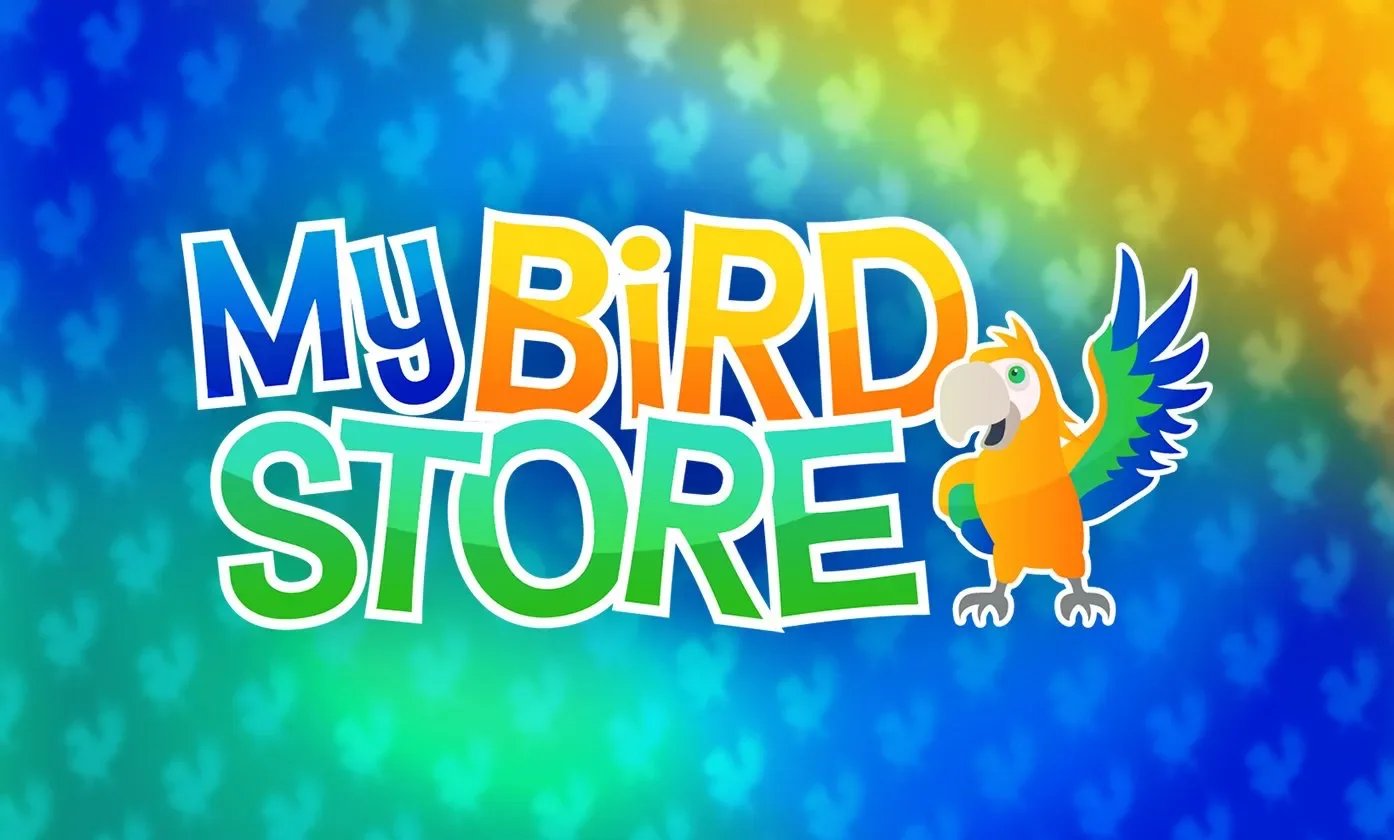 Colorful logo for 'My Bird Store' featuring a cartoon parrot with orange feathers, green wings, and a grey beak, set against a rainbow-colored background.