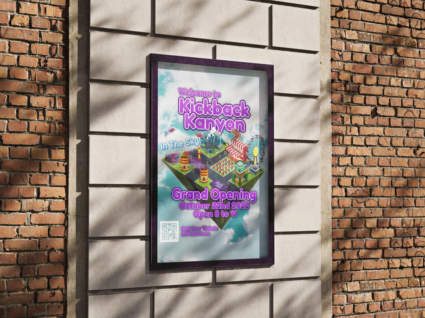 Sign advertising Kickback Canyon amusement park event. Grand opening October 22nd, 2022, from 8 to 11. Features colorful rides and attractions in a sky-themed setting.