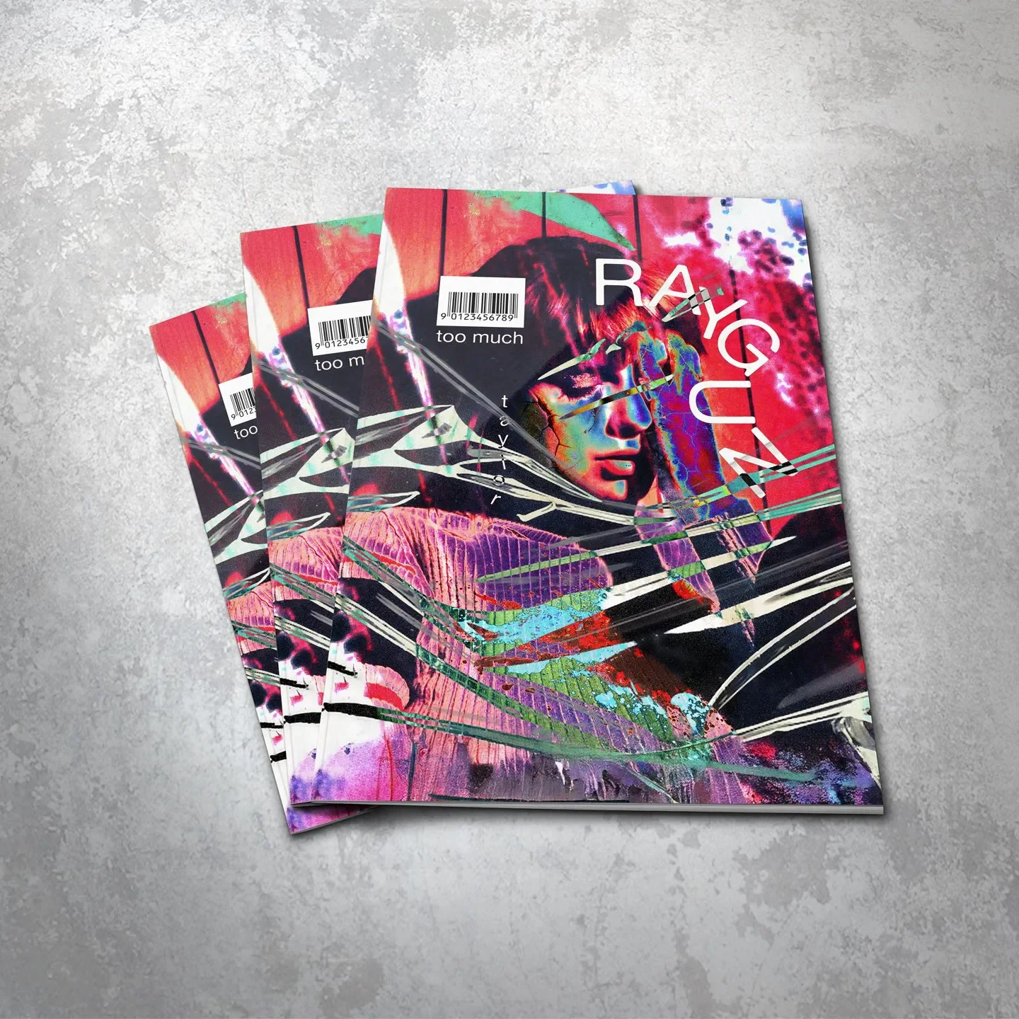 Three copies of a magazine or brochure with a colorful, abstract illustration of a woman with sunglasses and long hair, with the text "RAYGUZ" on the cover, placed on a gray surface.