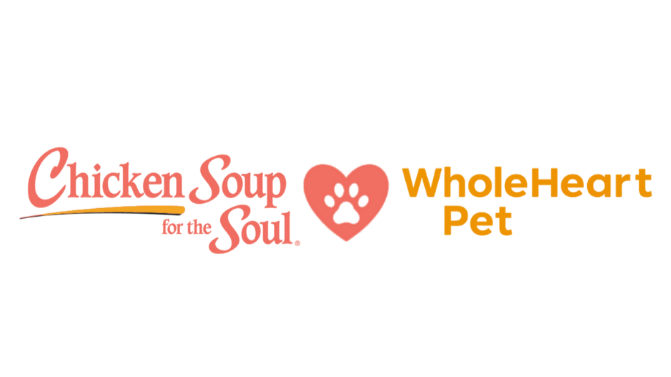 Logo with text 'Chicken Soup for the Soul' and 'WholeHeart Pet' separated by a heart with a paw print inside.