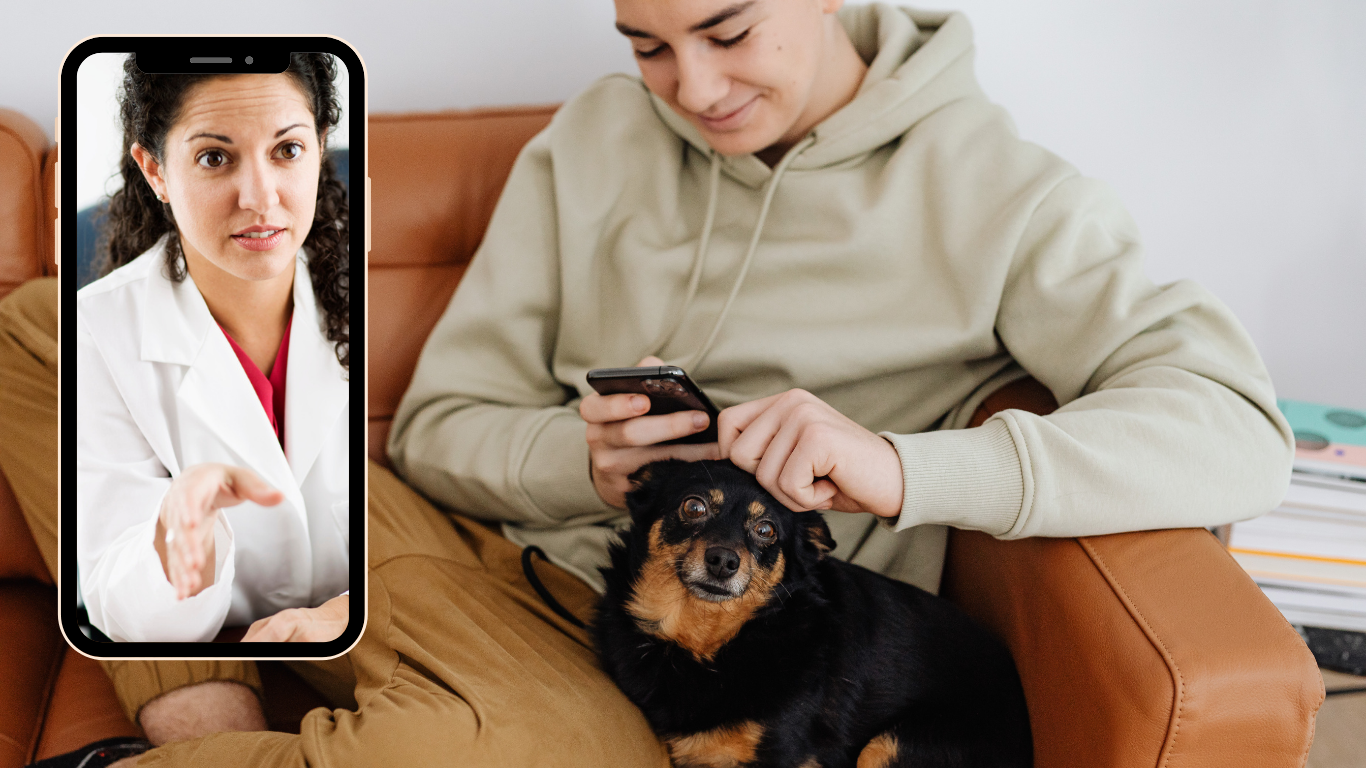 Young man sitting on a couch with a black and tan dog, using a smartphone, while a large phone overlay shows a female doctor speaking.