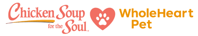 Logo with pink text reading 'Chicken Soup for the Soul' and 'WholeHeart Pet' with a pink heart between them.