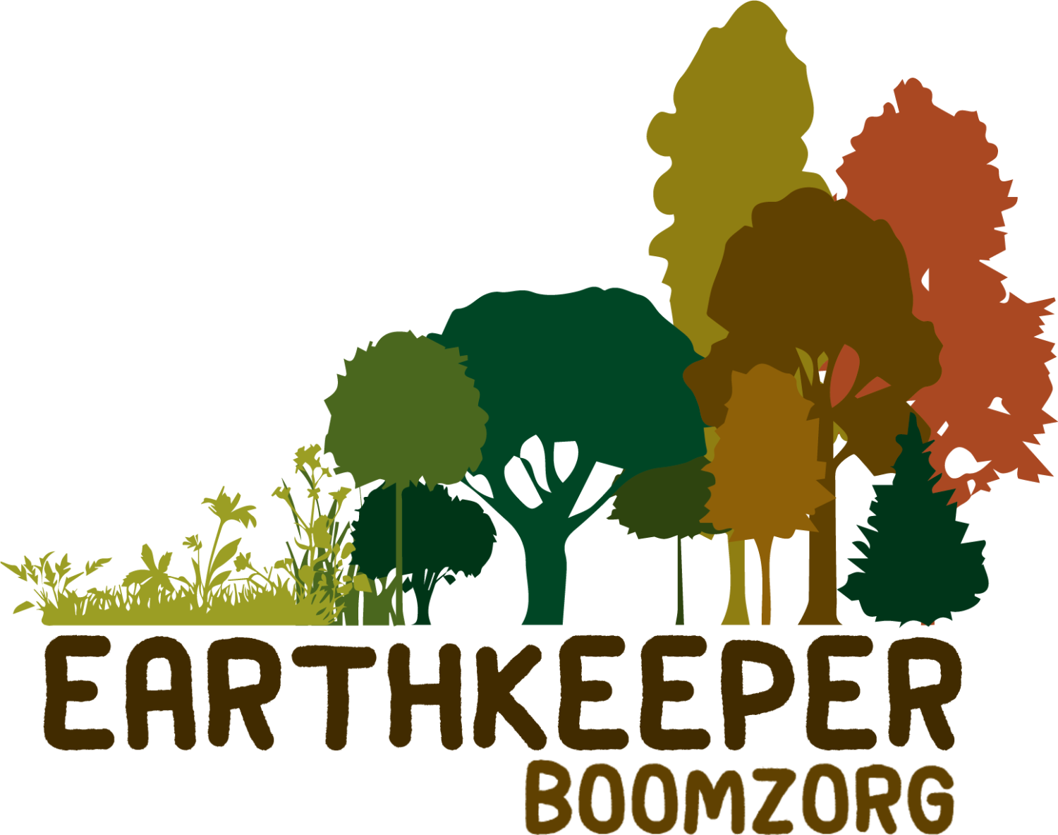 Logo met de illustratie van verschillende bomen en struiken, en de tekst 'Earthkeeper Boomzorg' onderaan