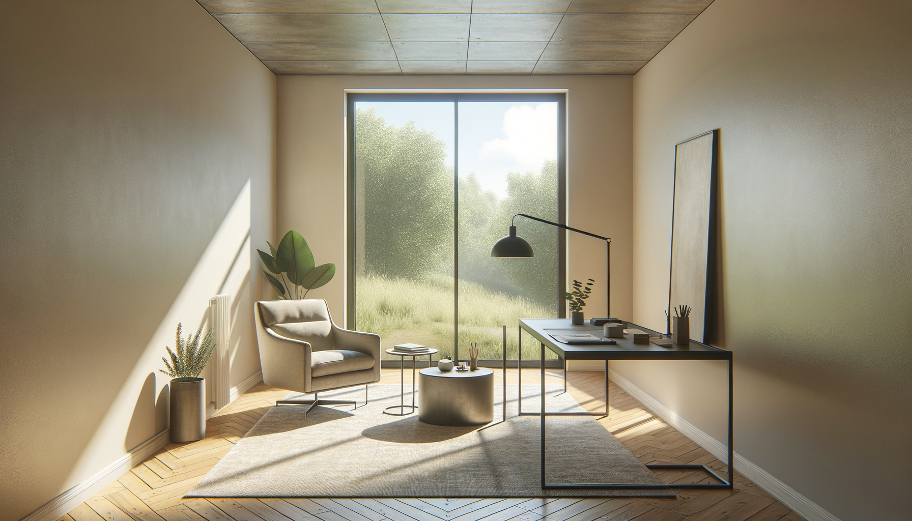 A minimalist home office with a large window showing a green landscape outside. The room contains a gray armchair, a small side table, a black metal frame desk with various objects, and several potted plants. Sunlight casts shadows on the beige walls and wooden floor.
