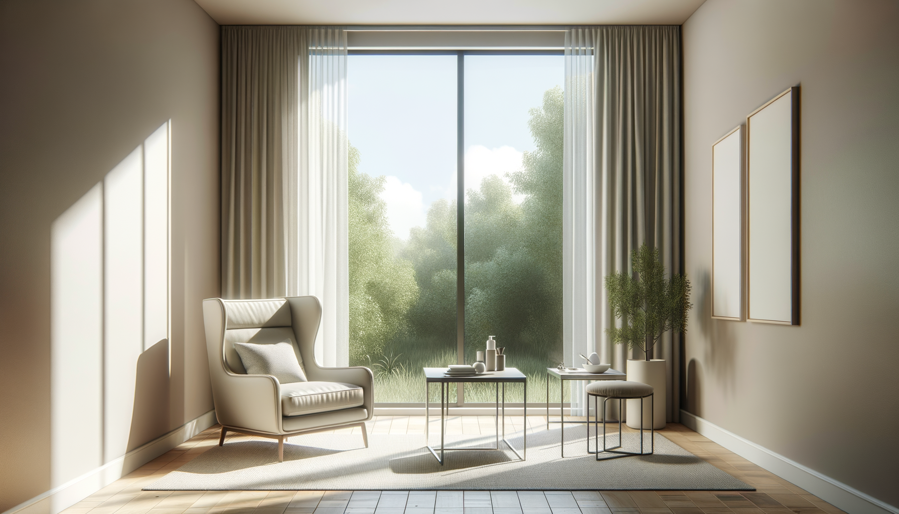 Bright and minimalist living room with large window, beige walls, cream armchair, side tables with decor, framed artwork, and indoor plant.