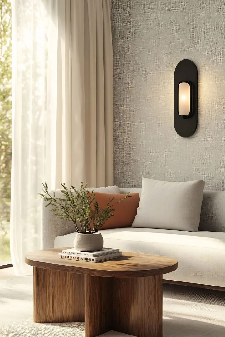 Living room with beige curtains, a beige sofa with gray and terracotta pillows, a wooden coffee table with a white vase and books, and a black wall-mounted light fixture on a textured wall.