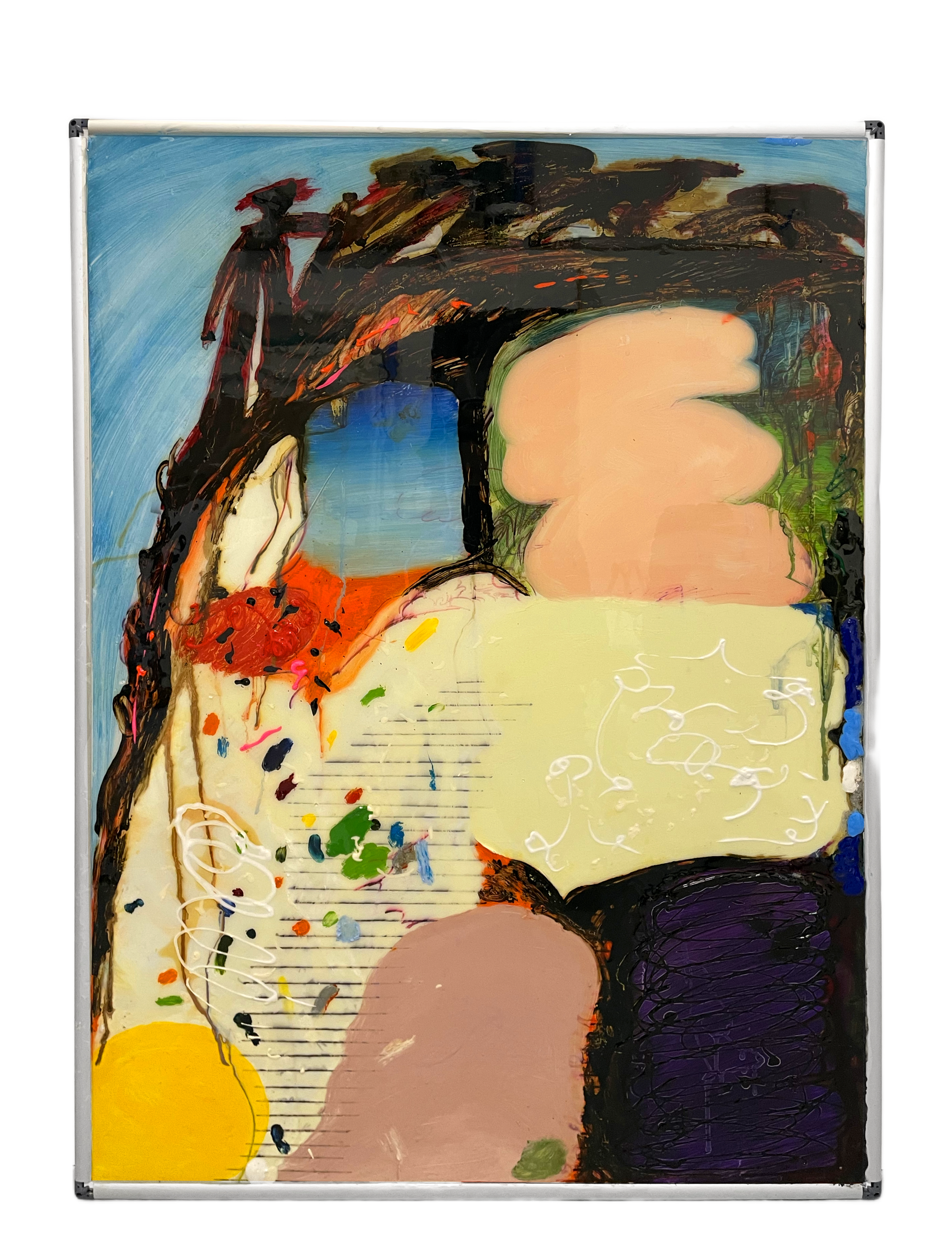 Louis Lanne, Queleuleu sur empilement, 2023, Technique mixte sur tableau blanc magnétique, 110x60cm