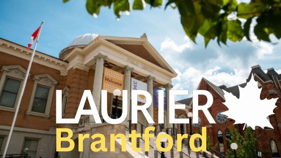 Image of a historic building with a Canadian flag, with text overlay reading "LAURIER Brantford" and a maple leaf shape, under a partly cloudy sky with trees.