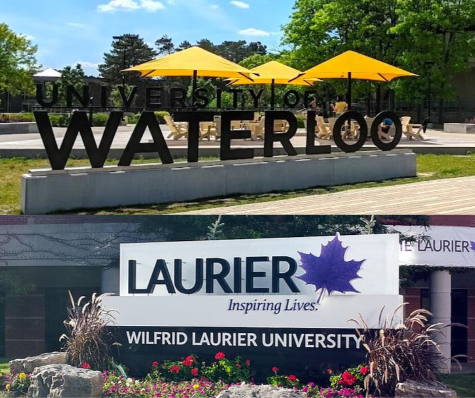 Signs of Wilfrid Laurier University with trees and flowers in background.