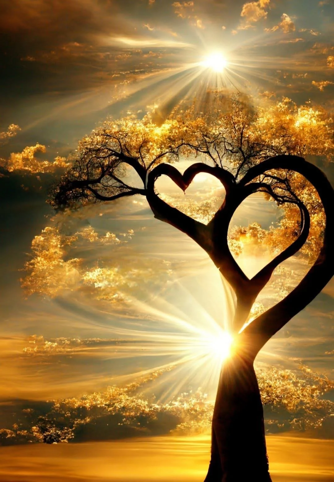 Heart-shaped tree silhouette against a golden sunset with radiant sunbeams and glowing clouds