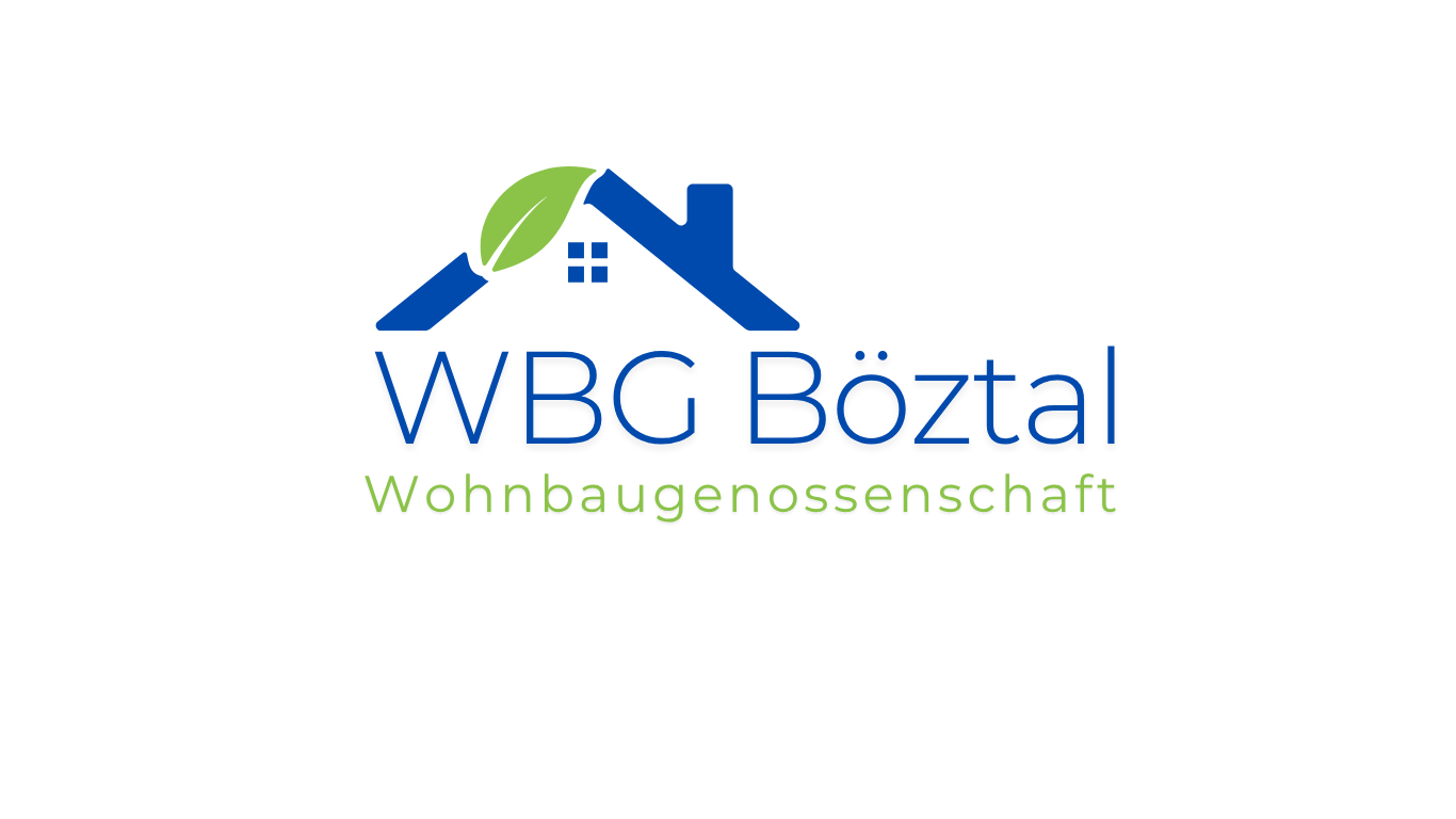 Logo der Wohnbaugenossenschaft Böztal mit einem blauen Haus und einem grünen Blatt auf dem Dach, der Text "WBG Böztal" in Blau und "Wohnbaugenossenschaft" in Grün.