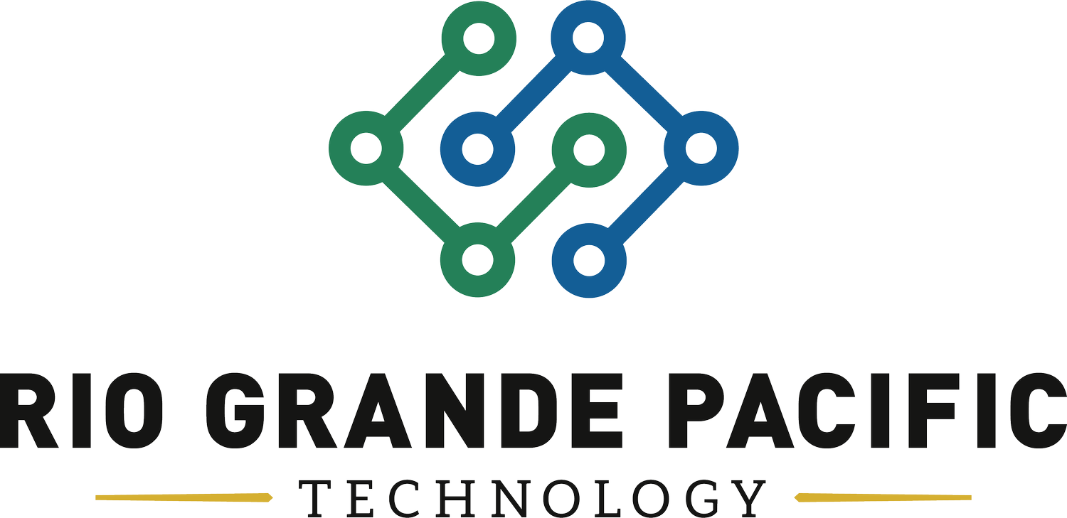 Logo for Rio Grande Pacific Technology featuring interconnected green and blue nodes forming a diamond shape with the company name below.