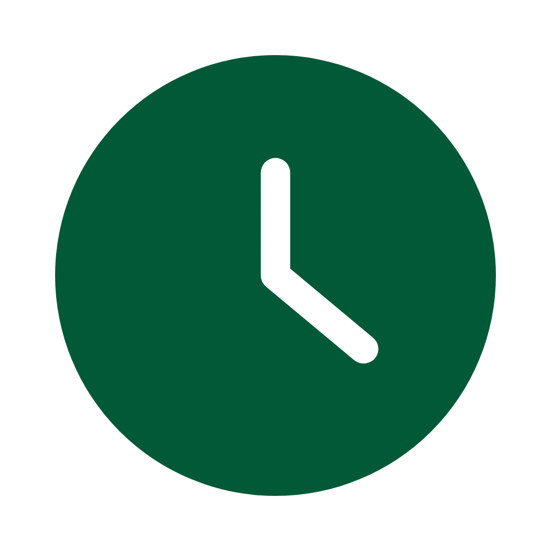 A green circular clock face with black hour and minute hands showing the time as 3:30.