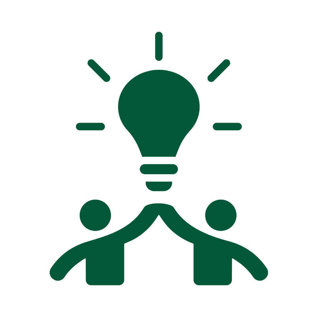 Two simple human figures with a lightbulb above them, symbolizing teamwork or collaboration and ideas or innovation.