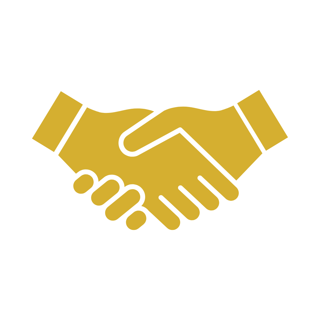 Black and gold illustrated handshake symbol with the text "Partnership" above it.