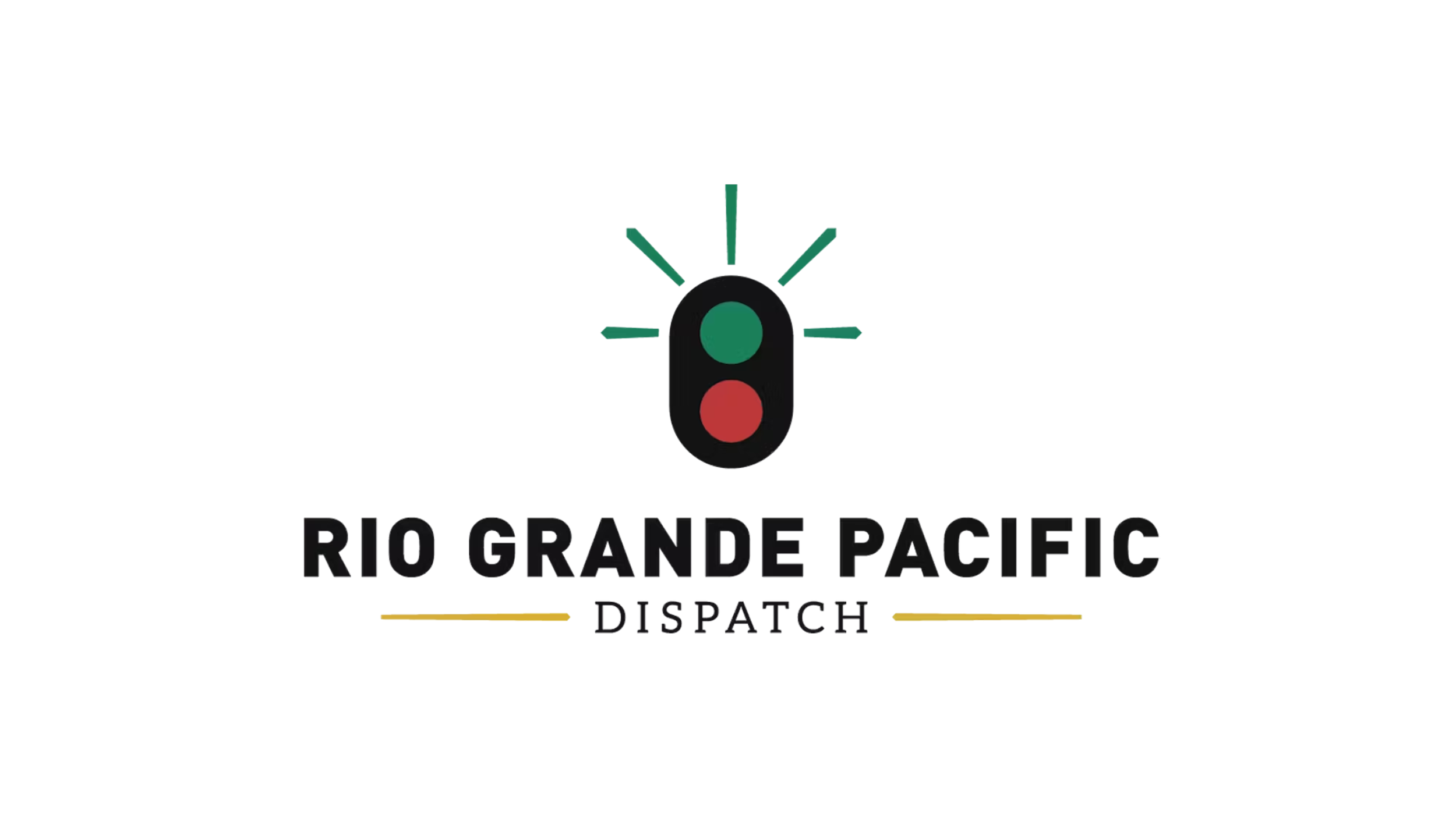 Logo for Rio Grande Pacific Dispatch featuring a stylized train signal with green, red, and blue lights and the company name underneath.