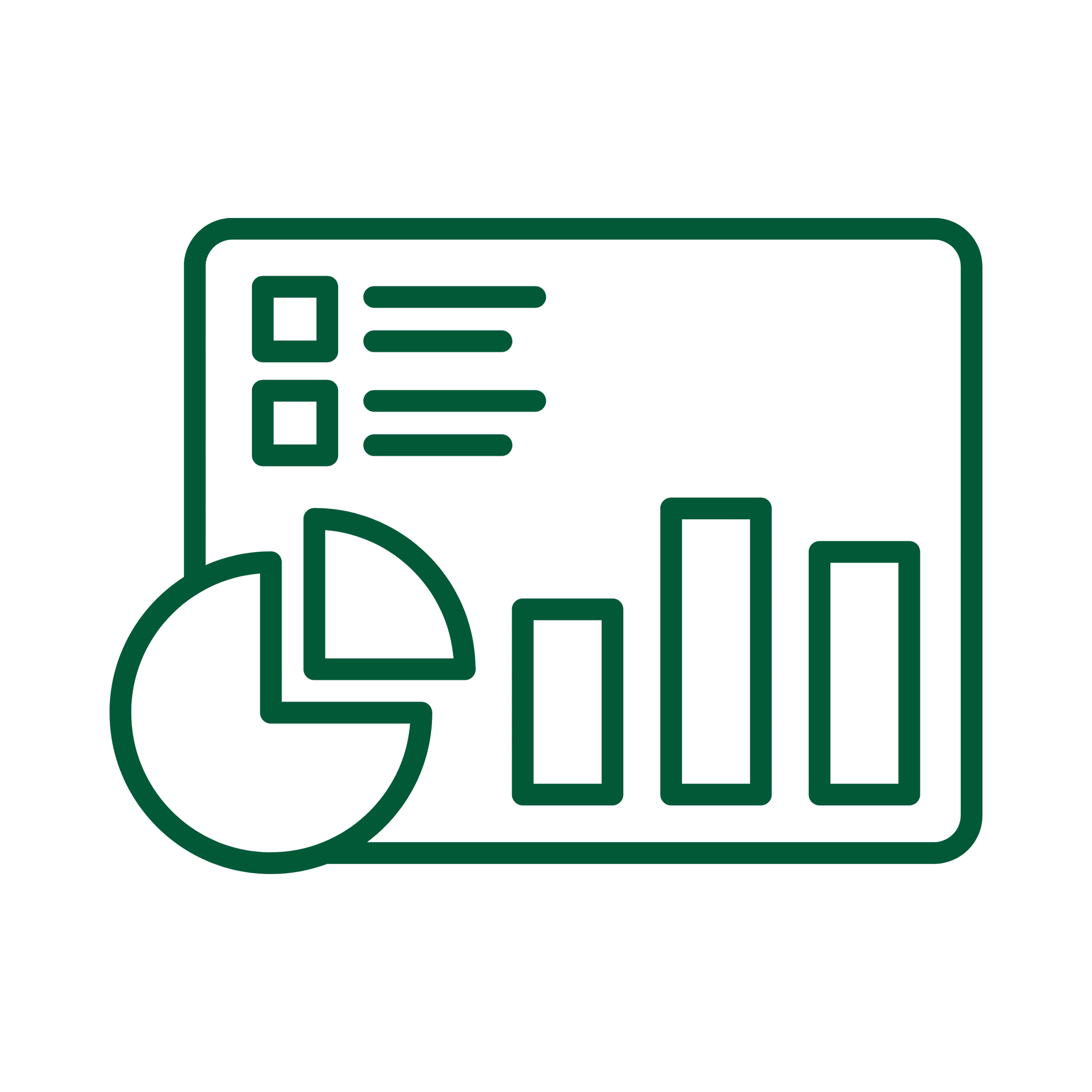 Outline of a computer screen displaying a pie chart, bar graph, and list, with a dark background.