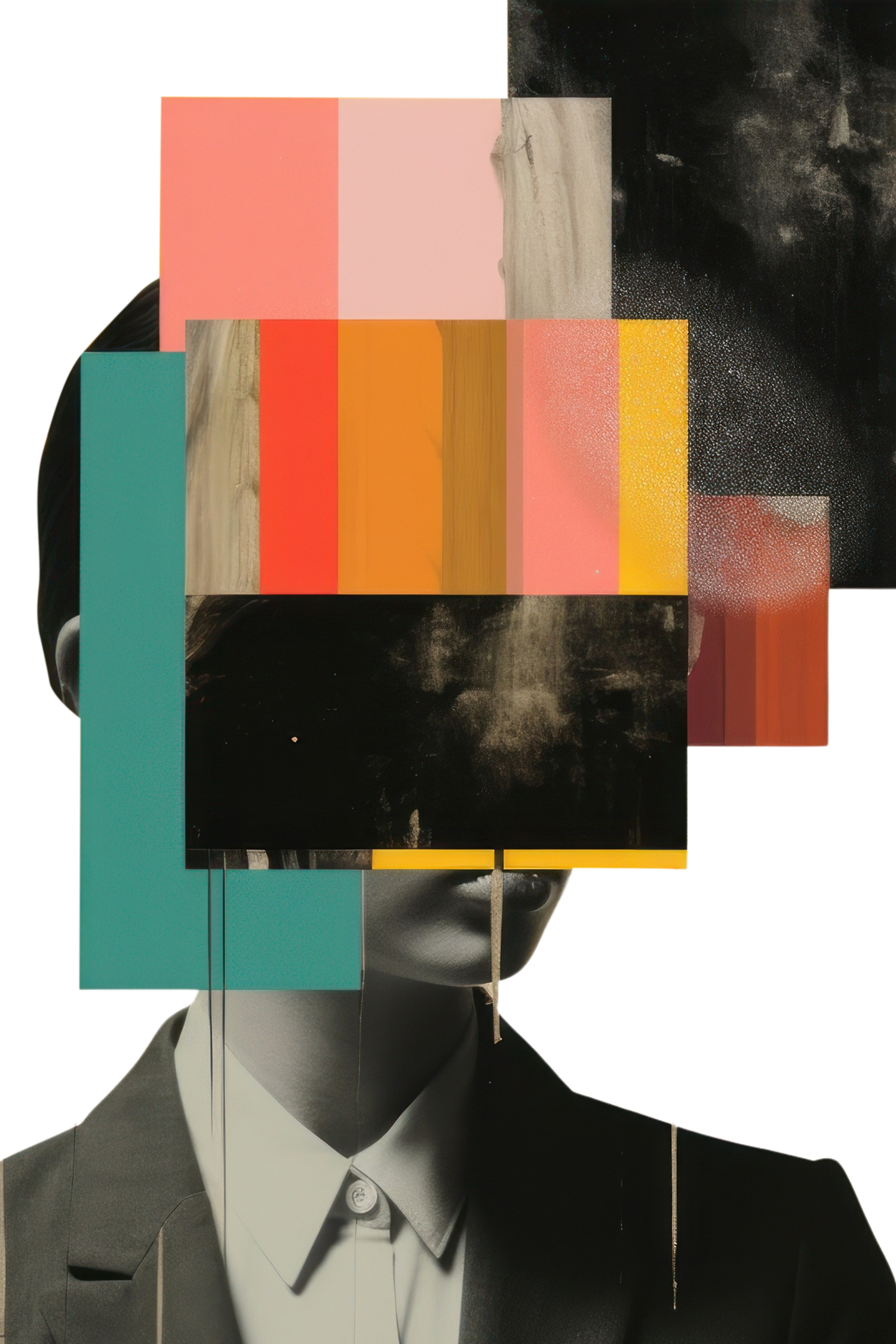 An abstract collage of a black and white photo of a man in a suit with his face obscured by colorful, layered paint swatches and textured patterns.