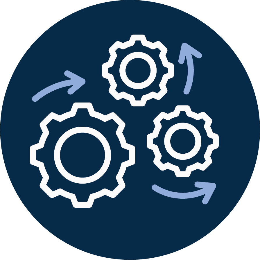 Illustration of three interconnected gears with arrows indicating continuous motion or process flow.