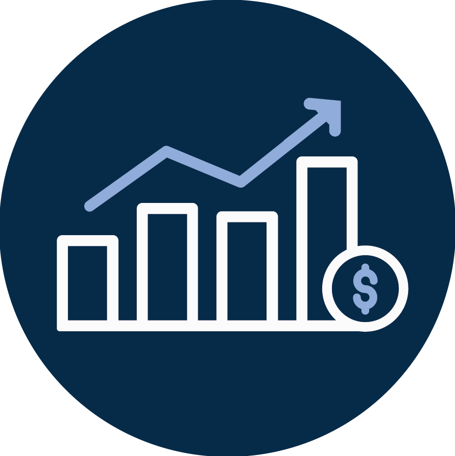 A graphic with bar and line charts showing financial growth, with a dollar sign icon.