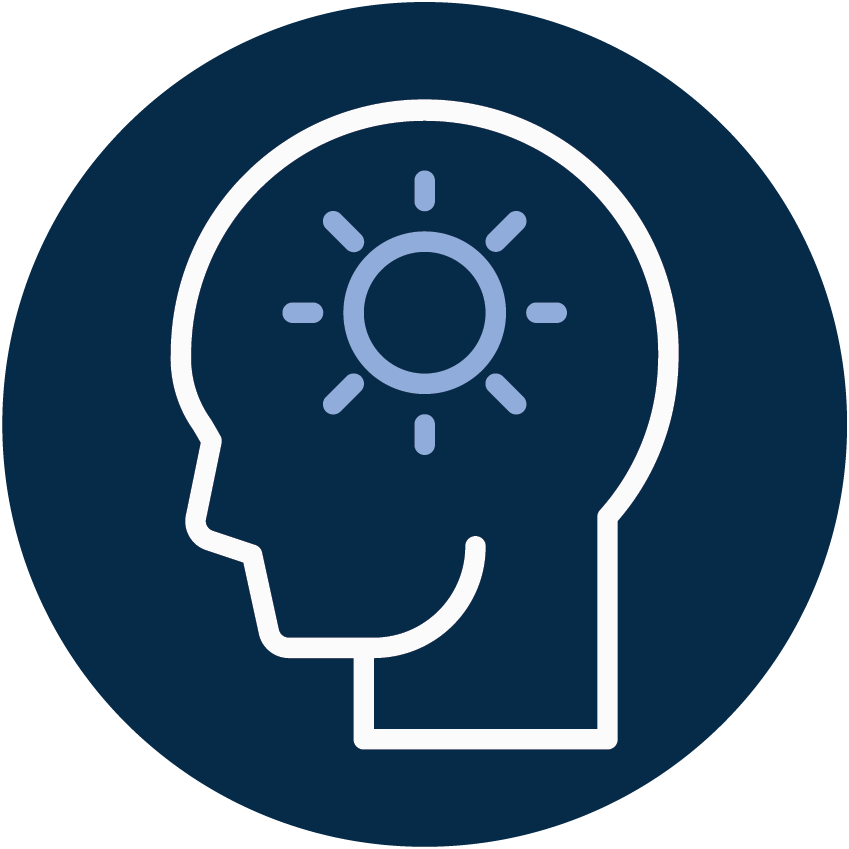 Icon of a human head in profile with a sun symbol inside the brain area indicating ideas or mental illumination.
