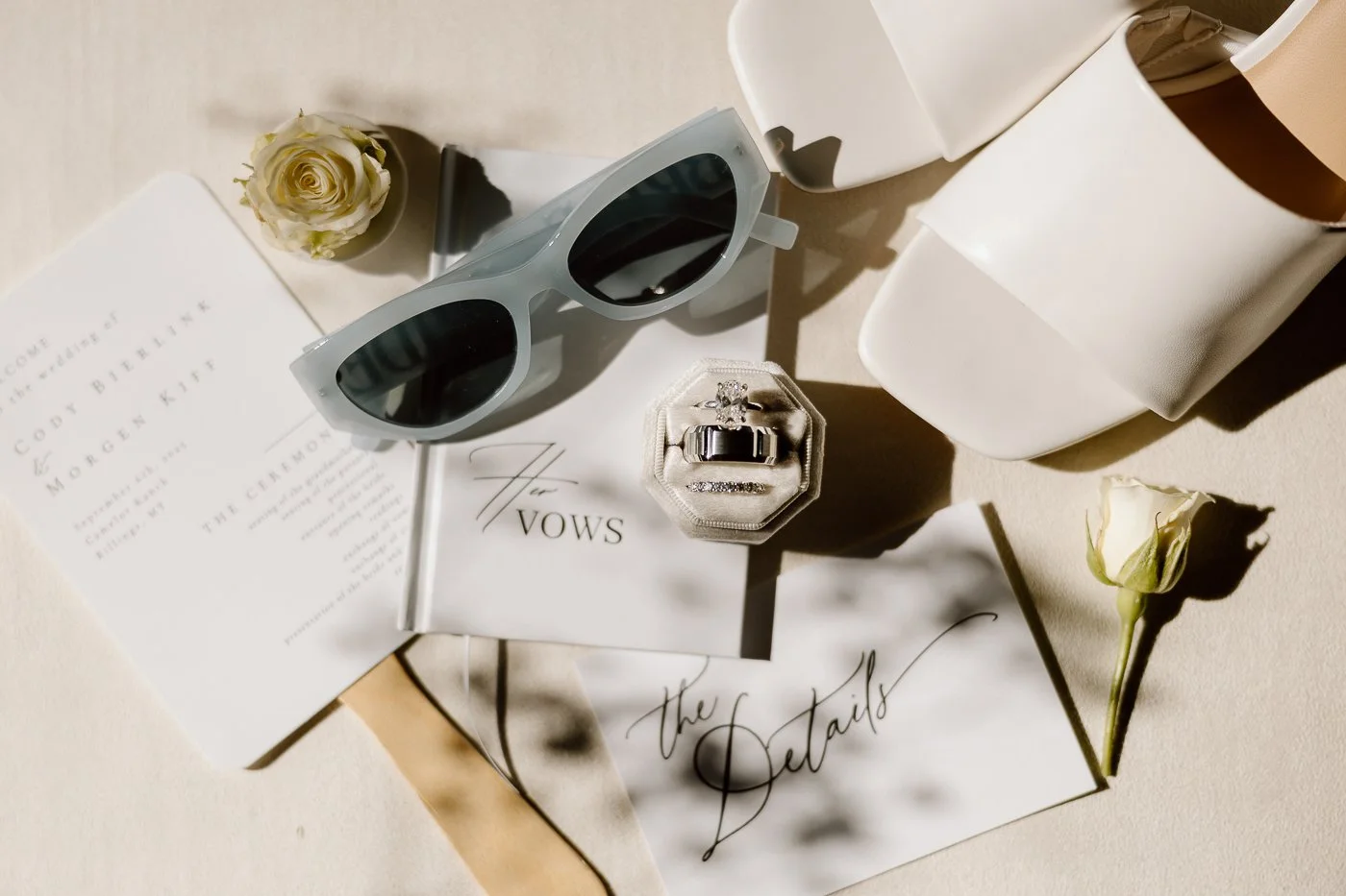 Give us all the details! Here is a list of things we ask from our couples to photograph for their details. 

Just for a few ideas:
Flowers
Rings
Cologne 
Perfume
Veil
Shoes
Glasses
Cuff Links
Watch
Socks
Invitations
Fabric
Something borrowed! 
Anythi