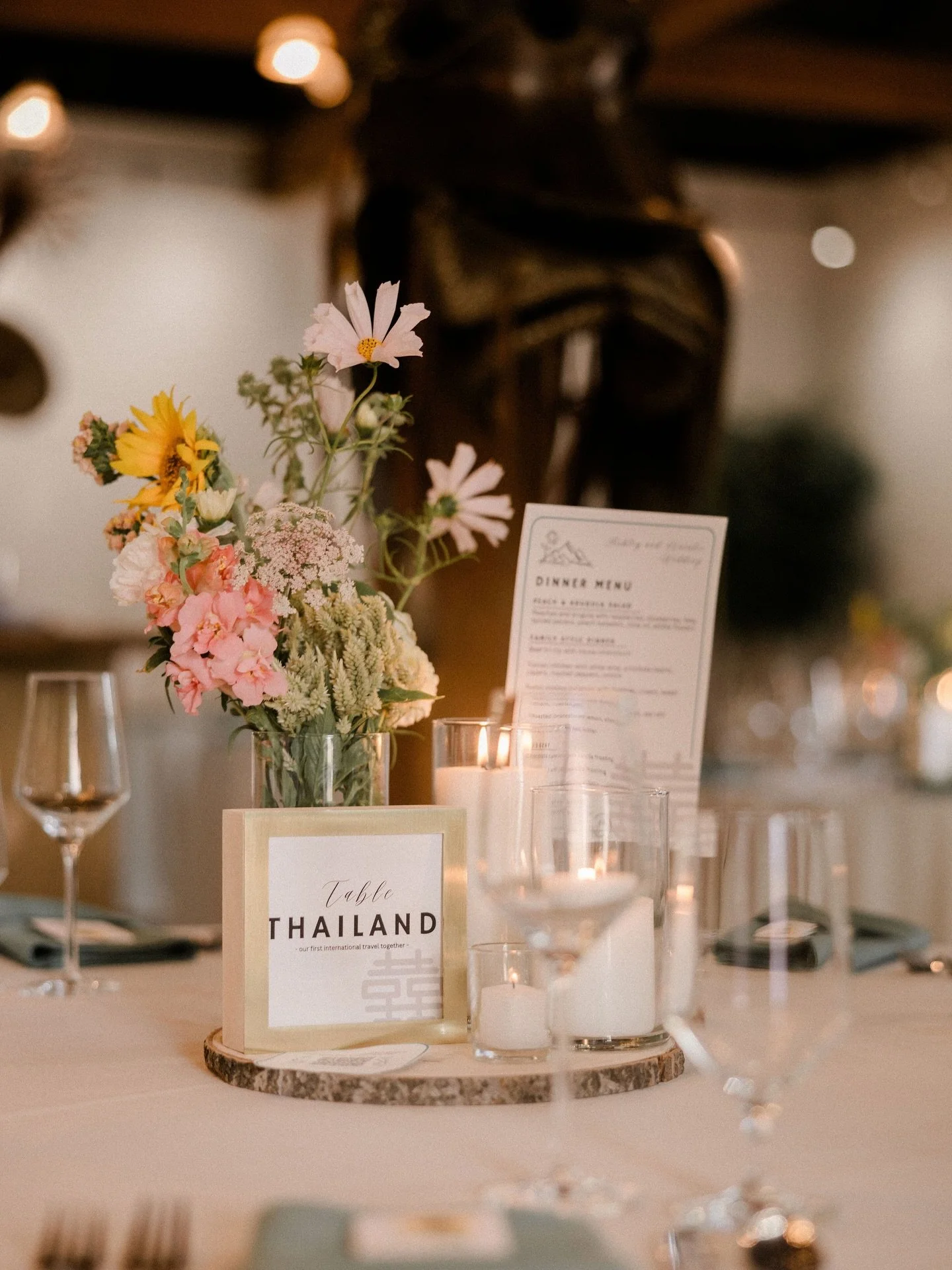Table numbers as countries &amp; locations? Yes please! 🙌 this idea was so genius to commemorate the people Natalie &amp; Ashley met in those special places. 

Thailand, Bali, Austin, Hyalite, and more were all represented in their tables with a fam