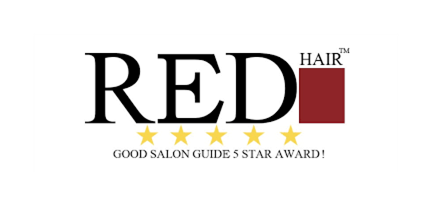 Logo for Red Hair Salon with a 5-star rating and a gold award badge, endorsing good salon quality.