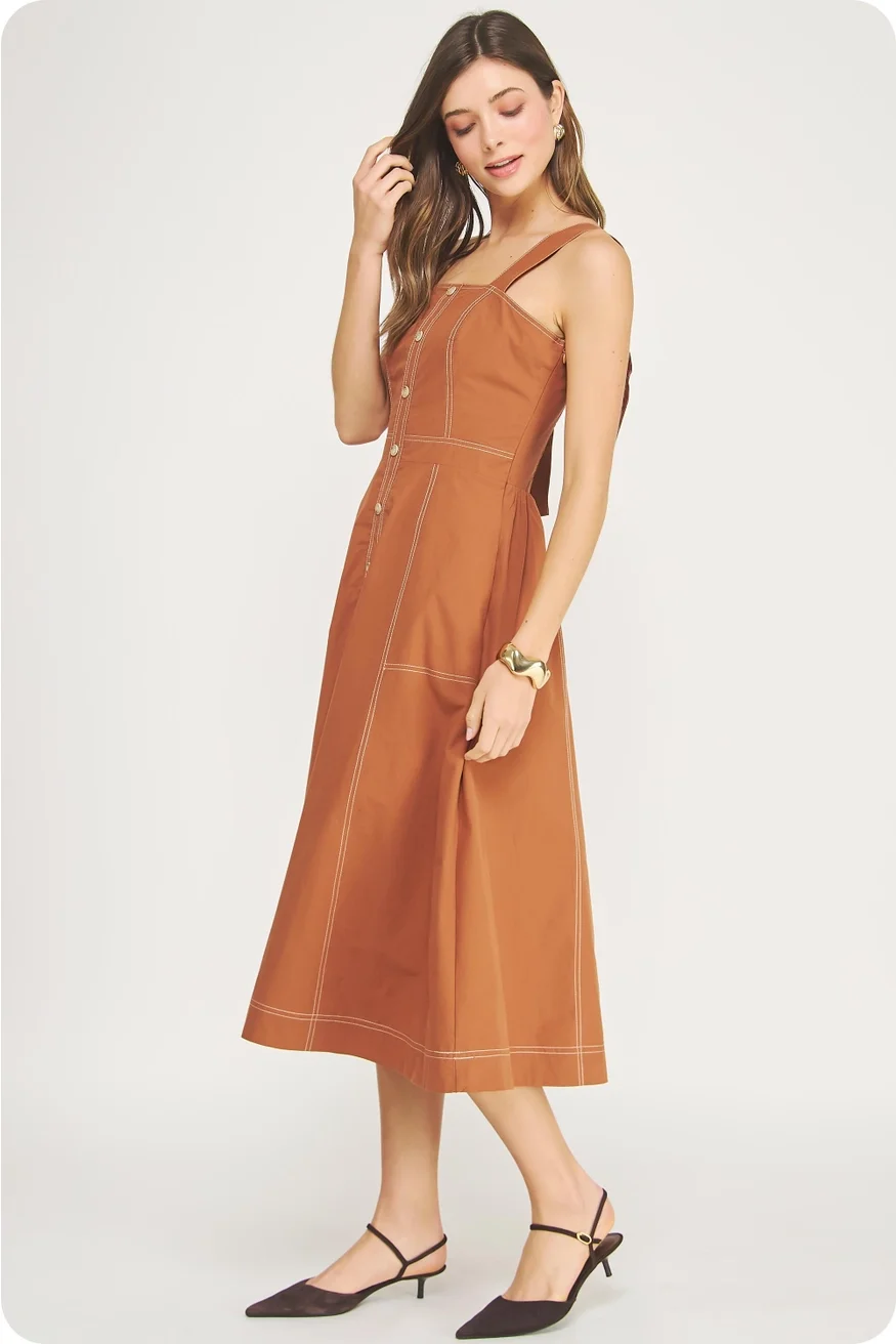 Contrast Topstiksel Detail Mouwloze Bruin Midi Jurk