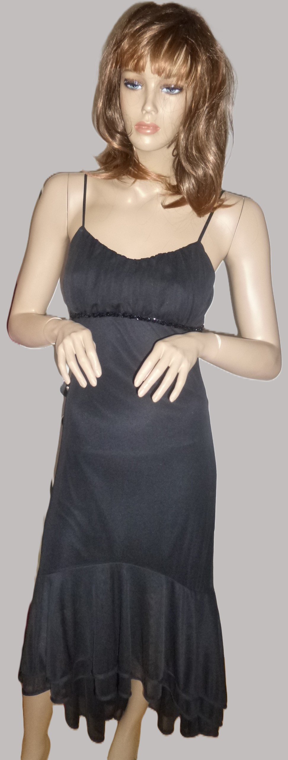 Black Dress with Strass Detail Under the Bust and Spaghetti Straps