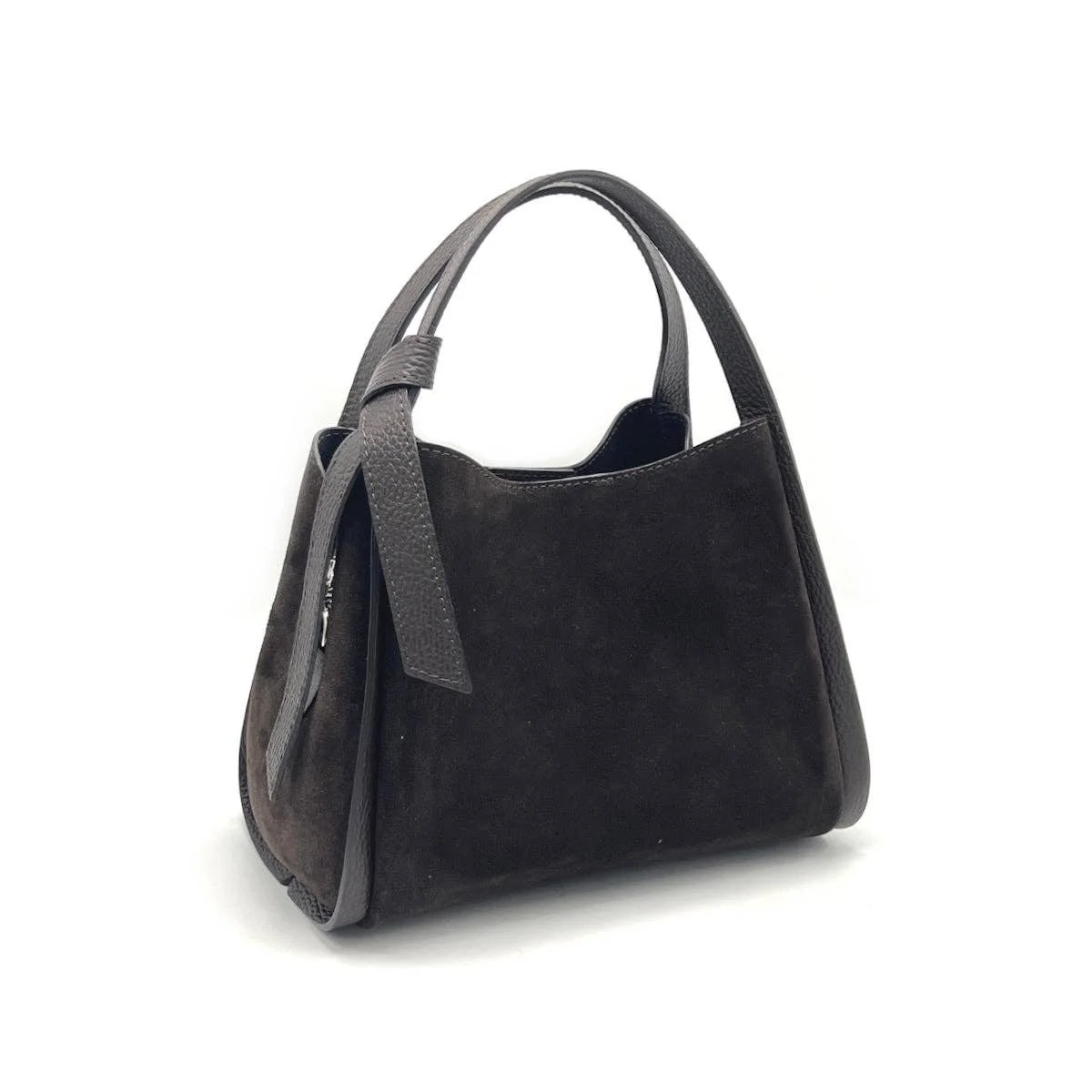 Suede leather chocolate handbag with shoulder strap.
