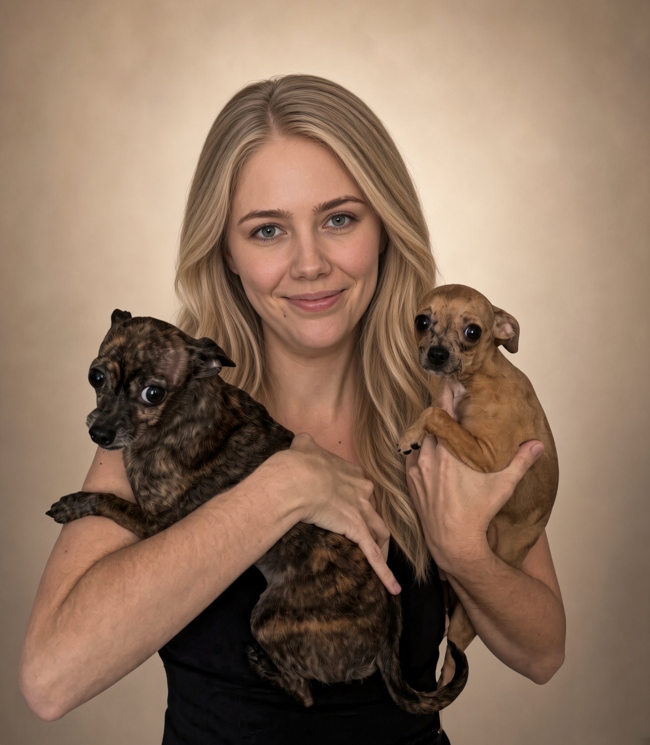 Young woman with long blonde hair smiling and holding a small dog in a park.