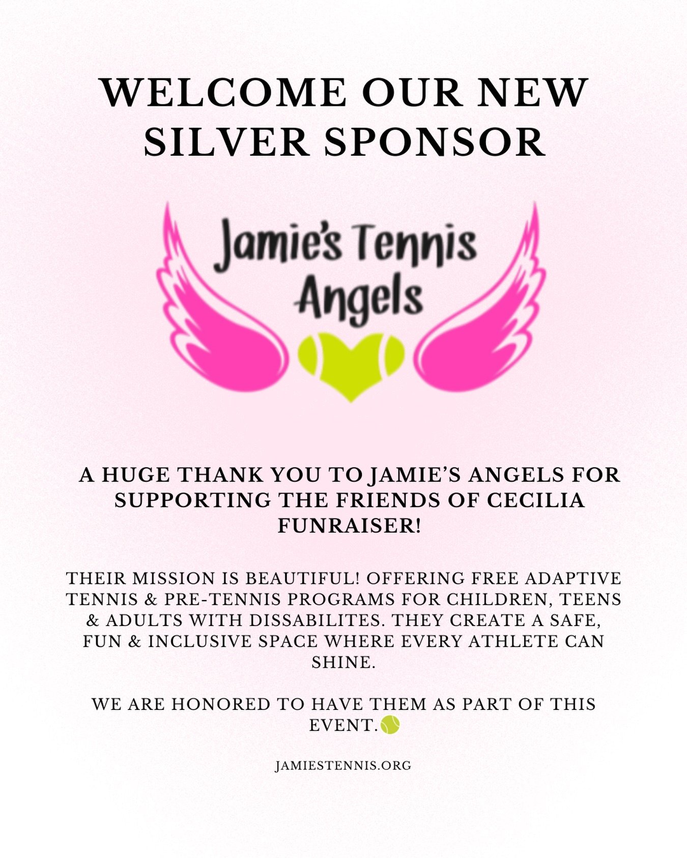 So grateful to welcome Jamie&rsquo;s Angels as a Silver Sponsor for the Friends of Cecilia Fundraiser &amp; Community Market 💛✨

Jamie&rsquo;s Angels offers free adaptive tennis and pre-tennis programs for kids, teens, and adults with disabilities. 