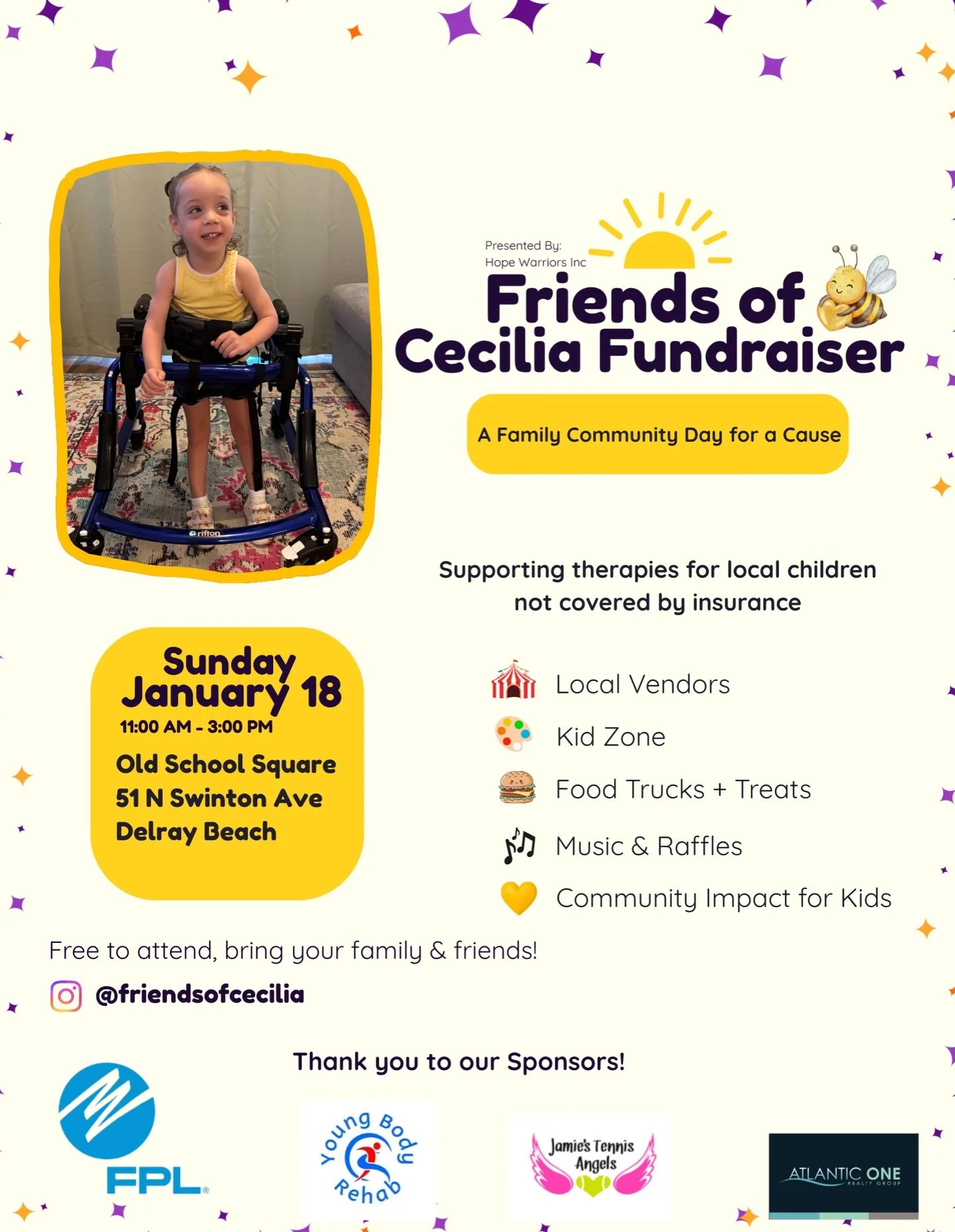 💛 SAVE THE DATE 💛

Friends of Cecilia Fundraiser &amp; Community Market
📍 Old School Square &bull; Delray Beach
🗓️ Sunday, January 18 | 11 AM&ndash;3 PM

✨ Local Vendors
✨ Kid Zone
✨ Food Trucks
✨ Raffles &amp; Silent Auction
✨ Music

This commun