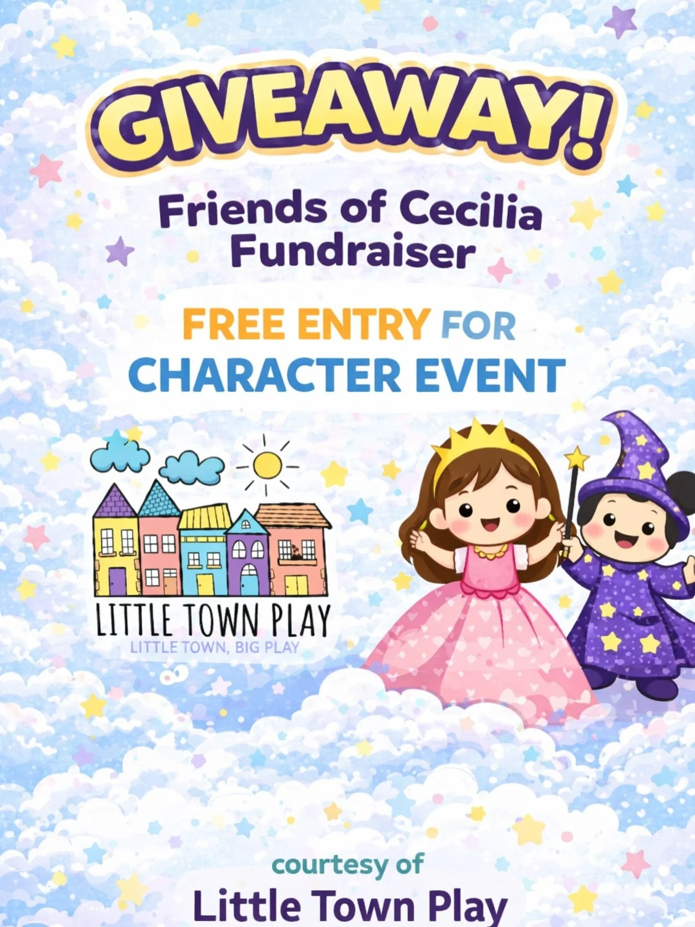 🎉 GIVEAWAY TIME 🎉
Win FREE entry to a character event at Little Town Play 🥳

This fun giveaway is courtesy of @littletownplay in support of the Friends of Cecilia Fundraiser 💛

How to enter:
✨ Follow @littletownplay and @friendsofcecilia (must fo
