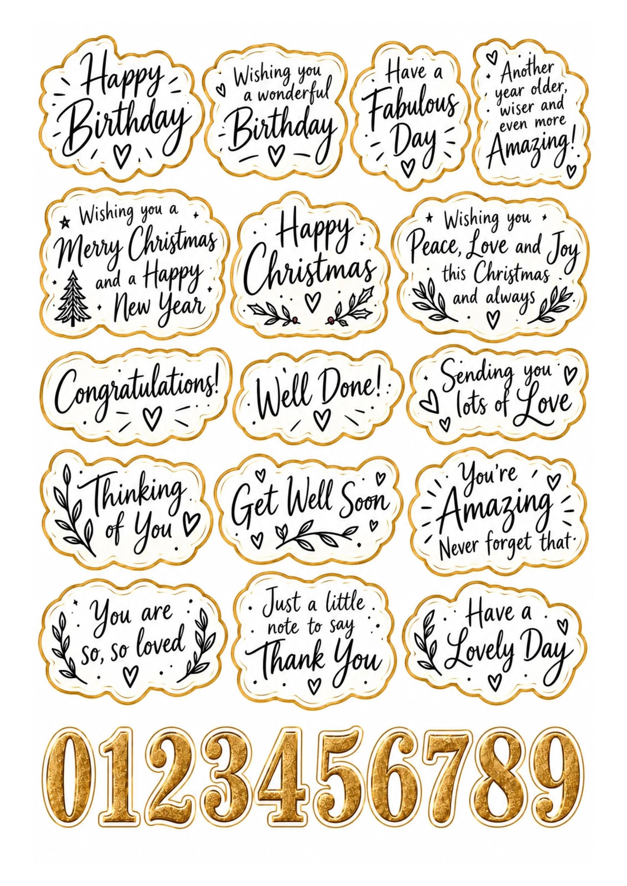 Greeting cards: printable numbers and salutations - print on vinyl sticky-backed paper