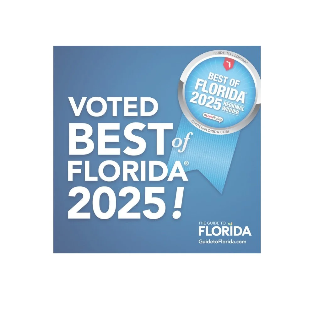 A blue promotional poster with white text that reads 'Voted Best of Florida 2025!' and includes a silver badge that says 'Best of Florida 2025 Regional Winner' from Guide to Florida.