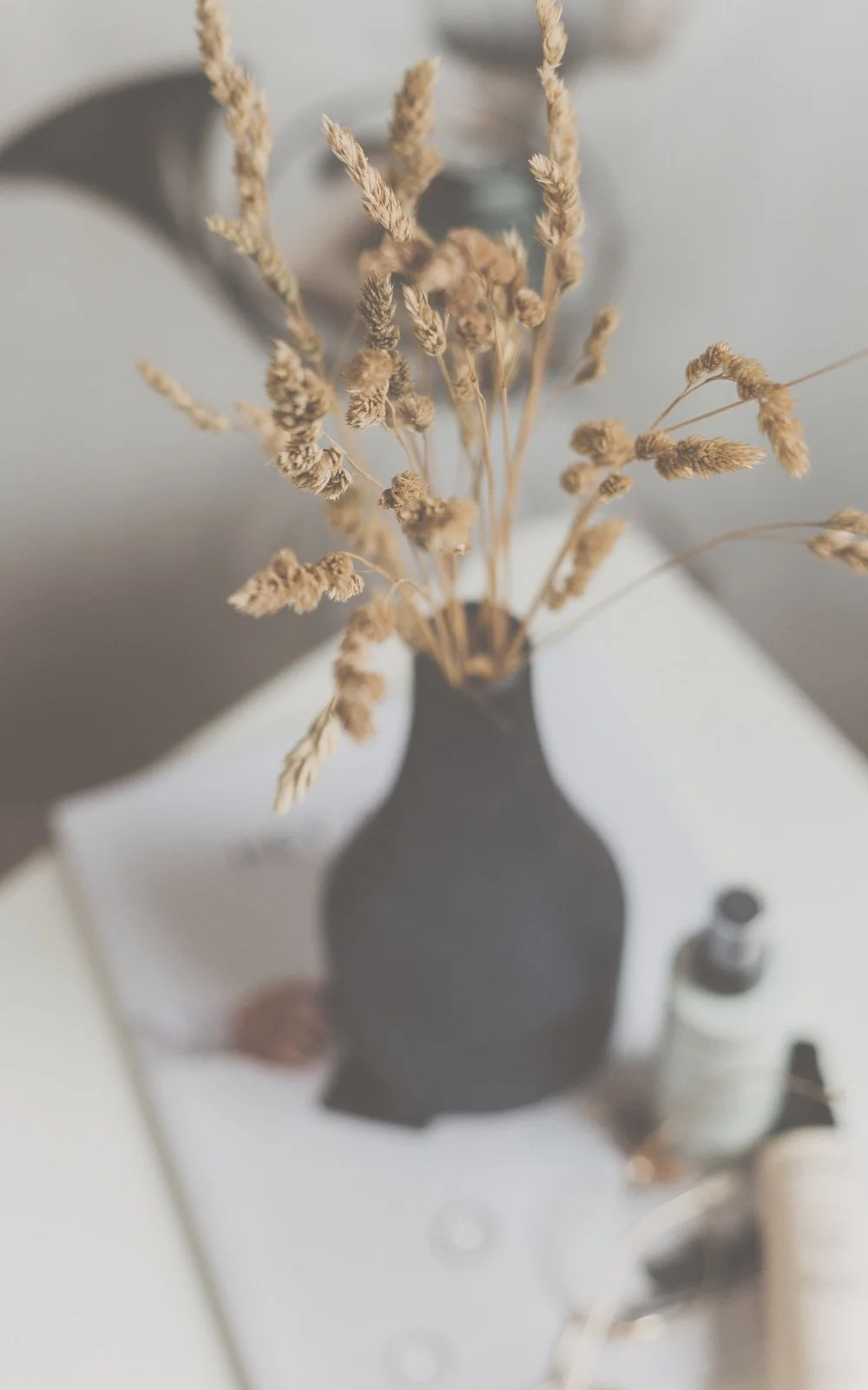 Dried beige grass in a black vase on a white surface at the office of therapist Gail Gerbig at Seaside Mental Wellness located in Lakewood Ranch.