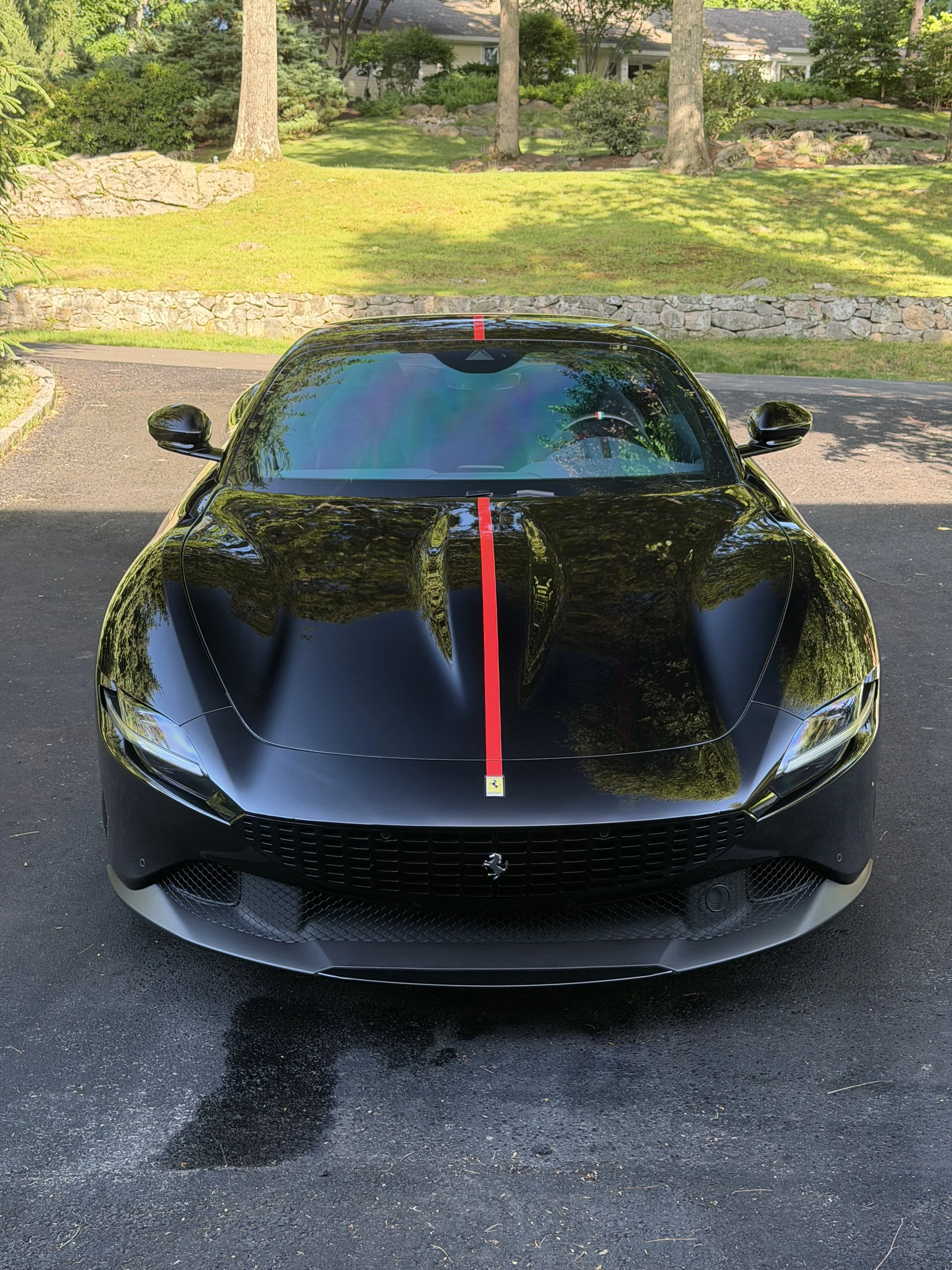Black Ferrari sports car parked on a driveway, with a red racing stripe down the center of the hood and windshield, surrounded by greenery and trees, in a suburban neighborhood.